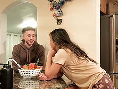 Steamy kitchen threesome with natural tits and hot blowjobs