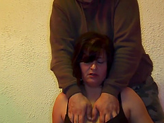 A threesome sex with a brunette having big natural tits