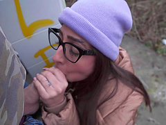 Brunette babe gives a sloppy blowjob and gets cum in her mouth