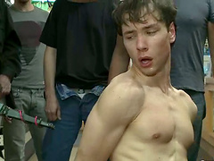 Skinny gay Kevin Case gets his mouth ass fucked in public