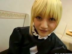 POV video with blonde Japanese girl sucking a cock