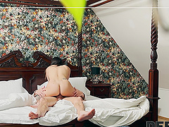 Long-haired babe Charlie Dean gives a deep throat blowjob