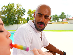 Steamy poolside sex with natural tits and shaved pussy