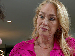 Blonde bombshell Logan Xander seduces her mate in nylon stockings