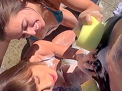 Outdoor threesome with soapy fun and big cock worship