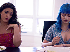 Natural tits and big booty babes in lesbian interracial action