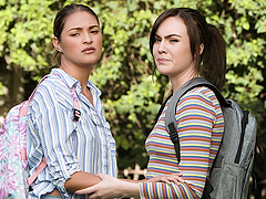 Sultry lesbians Freya Parker and Gizelle Blanco in passionate pussy licking session