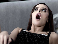 Brunette hottie gives a sloppy blowjob and gets fucked hard