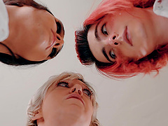 Trans babes take turns riding big cock