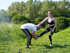 A chubby milf with long hair fucks Silas Sweettooth and Wesje Boy outdoors