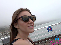 Petite brunette Rose Carter gives a sloppy blowjob in a hot car