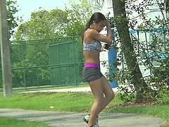 Petite brunette gets her long hair messed up in a wild ride