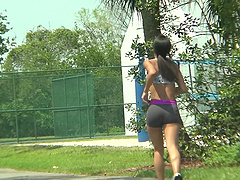 Petite brunette gets her long hair messed up in a wild ride