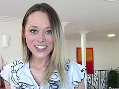 Long-haired beauty Rebecca Blue gives a sloppy blowjob in a steamy couple sex scene