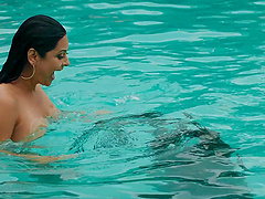 Curvy milf Mariskax takes on two black cocks in poolside group sex