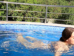 Teen threesome with poolside action and shaved pussies