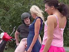 Mature cowgirl rides big cock in outdoor threesome