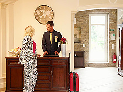 A blonde milf with glasses gets her desires fulfilled in a doggystyle fuck.