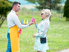 A blonde milf with glasses gets her desires fulfilled in a doggystyle fuck.