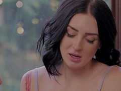 Beautiful brunette Charlotte Sins gives a great blowjob and gets a nice load on her natural tits.