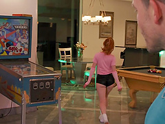 Small boobed girl gets a facial in a threesome