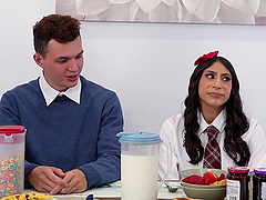 Clothed sex with a hot brunette and Charley Hart on top.