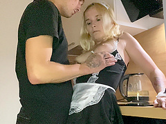 A blonde gives a french blowjob and then has sex with a clothed man.