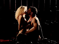 Beautiful blonde gives great blow job and wears stockings.