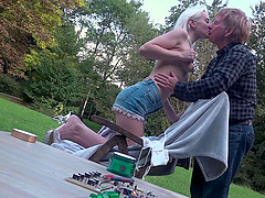 Blonde beauty gets her natural tits licked by a lucky guy