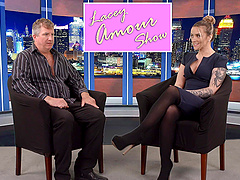 Beautiful girl with long hair Lacey Amour in stockings and high heels in a hot cfnm scene.