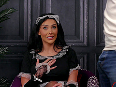 Beautiful brunette maid in nylon stockings serves her employer.