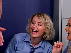 Uniformed milf and college girl in threesome action in the locker room