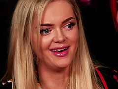 Beautiful women with long hair and big boobs give a cfnm handjob with oil.