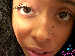 Close up and personal: black beauty gets her pussy licked by white stud