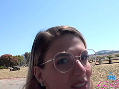 Beautiful woman with long hair seduces her partner and gives him a blowjob.