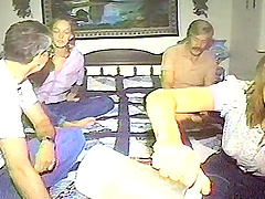 Retro gang bang with hot milf and young beauty