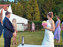 Andrea’s shaved pussy gets licked by her new husband on their wedding day