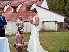 Andrea’s shaved pussy gets licked by her new husband on their wedding day