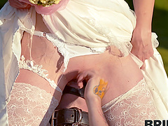 Andrea’s shaved pussy gets licked by her new husband on their wedding day