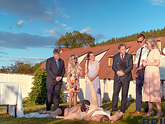 Andrea’s shaved pussy gets licked by her new husband on their wedding day