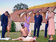 Andrea’s shaved pussy gets licked by her new husband on their wedding day