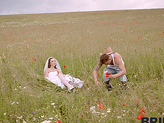 Beautiful bride in white lingerie gets licked by her lover.