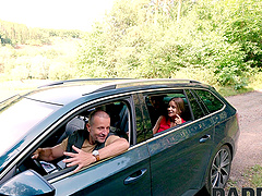 Beautiful blonde gets a facial while giving a blowjob in a hot outdoor scene.