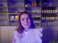 Hot brunette gets natural tits fucked hard in a clothed sex scene.