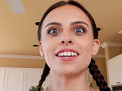 Skinny brunette gets fucked in missionary position on a bed.