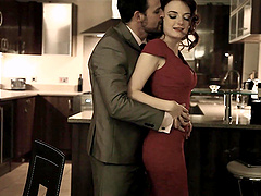 Beautiful brunette gets a facial in a hot nylon dress