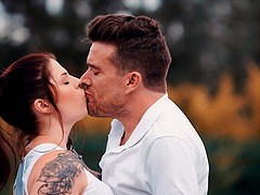 A beautiful brunette enjoys outdoor sex with her lover.