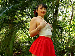 Pretty brunette in a miniskirt, solo play.