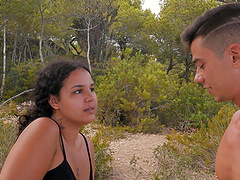 Cumshot on the girl with natural tits and brunette hair