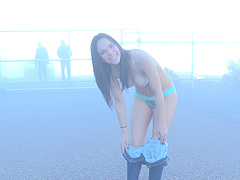 Beautiful long-haired brunette gets off while she has a solo pleasure.